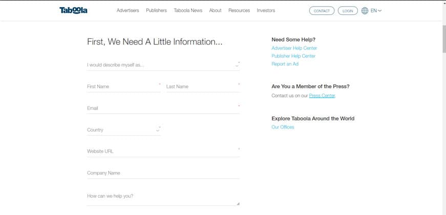 Taboola publisher form