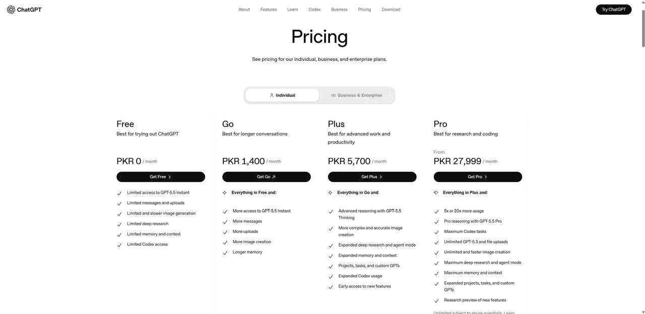 ChatGPT pricing page: the subscription tier breakdown showing the Free, Plus, and Team options.