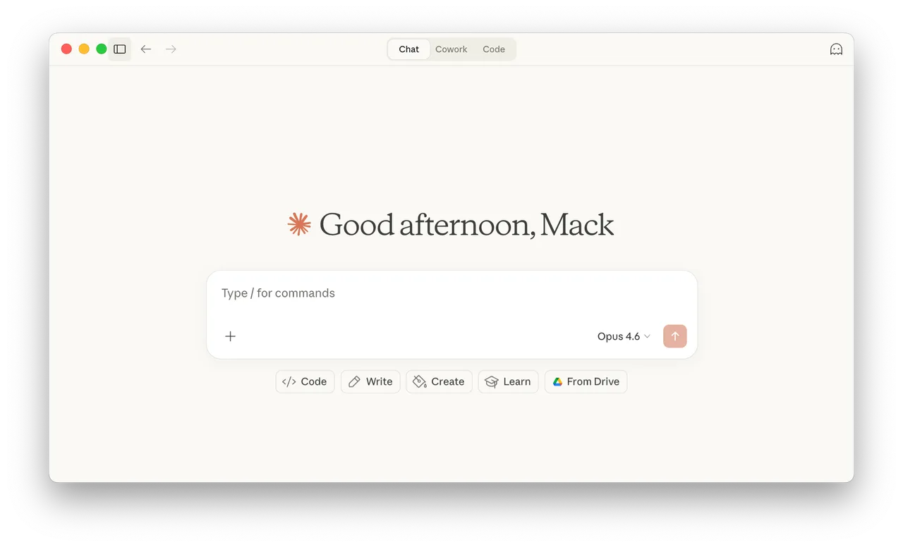 The Claude chat interface: the clean conversation view with the message composer, model selector, and the Projects sidebar on the left.