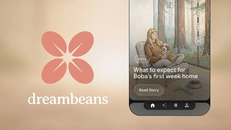 The Dreambeans app: a small stack of illustrated daily story cards drawn from a user's Gmail, Calendar, and Photos, rendered with Google's Nano Banana 2 image model.