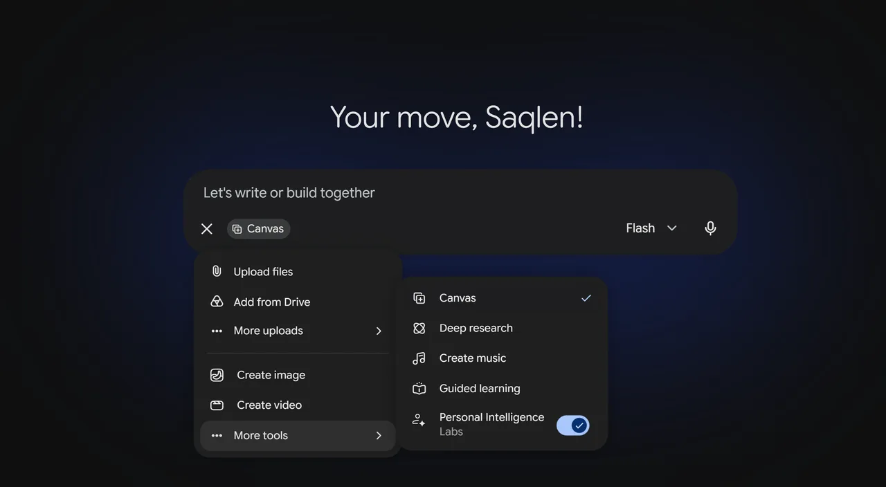 Gemini Canvas workspace: the Canvas interface with code on the left pane and the chat assistant on the right pane.